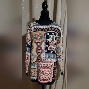 ​VTG Crystal Kobe Patchwork Intarsia Knit Sweater Small | Floral Grannycore Boho